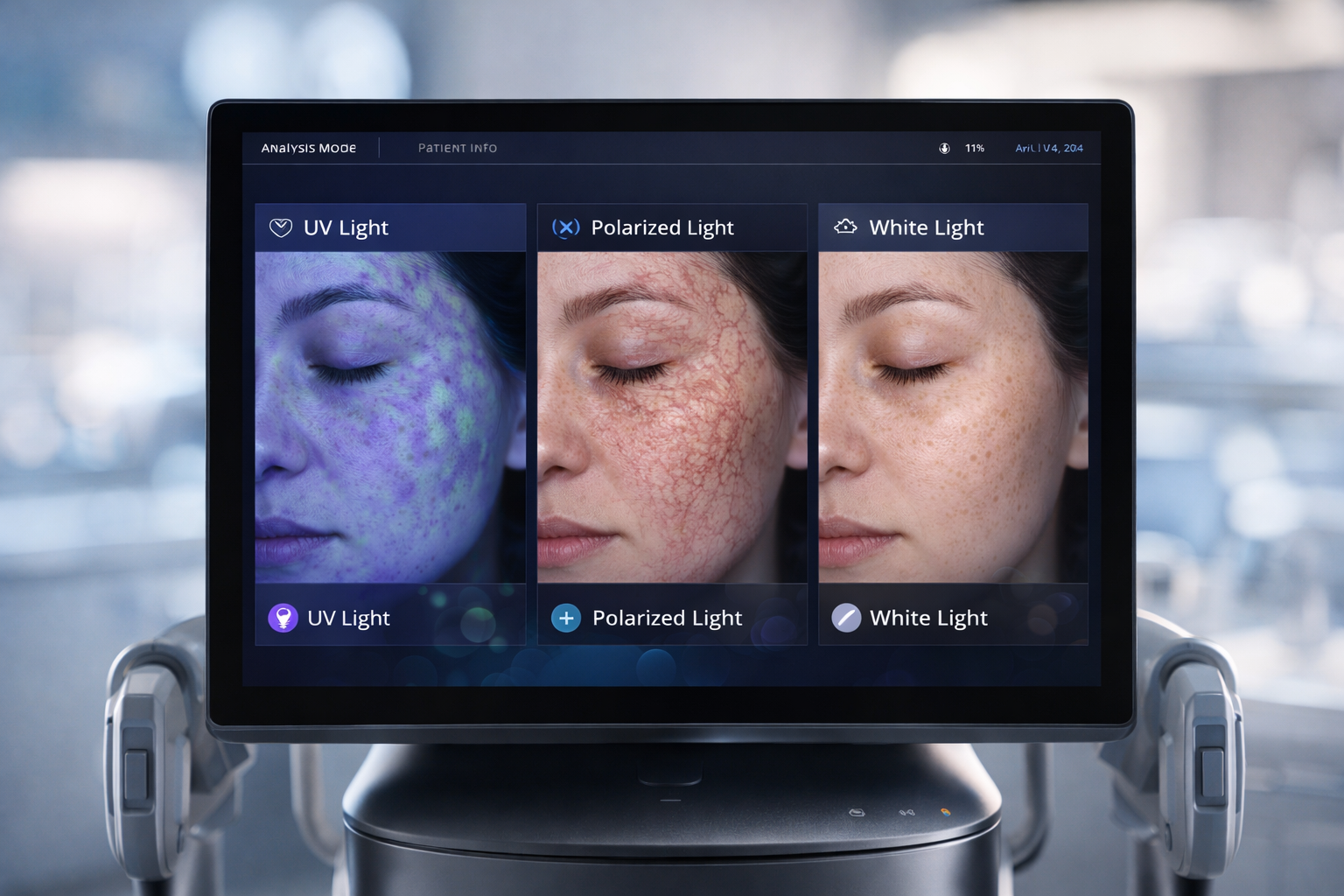 AI-baserad hudanalys med UV-ljus, polariserat ljus och vitt ljus hos Uniqueness